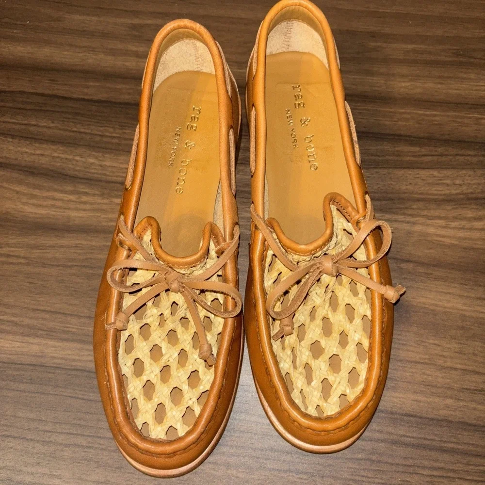 New $328 Rag & Bone 6.5 Carter Loafer 36.5 Natural Leather Woven Trim Boat Shoes